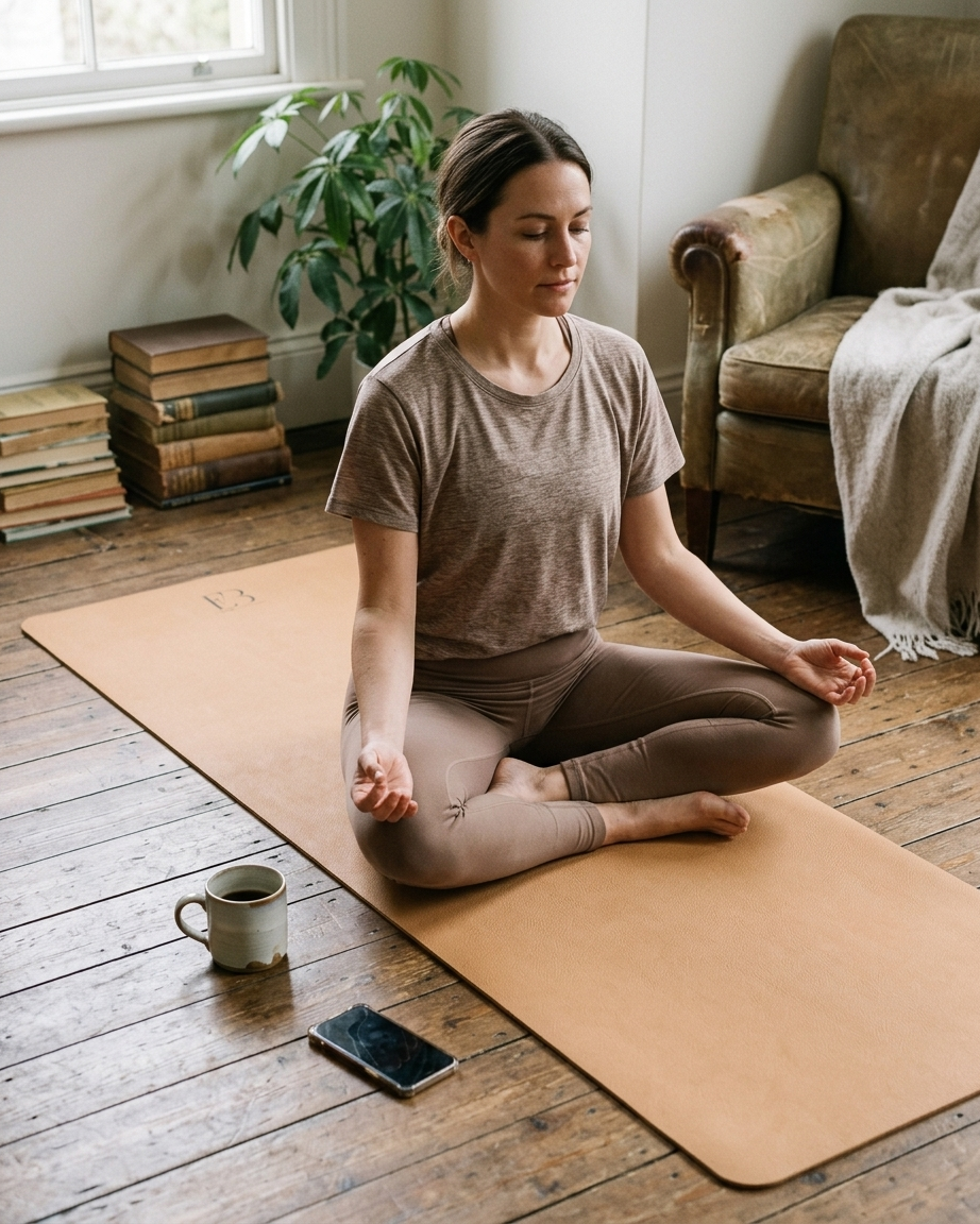 Gold natural rubber yoga mat with FB logo while seated in a cross-legged stretch