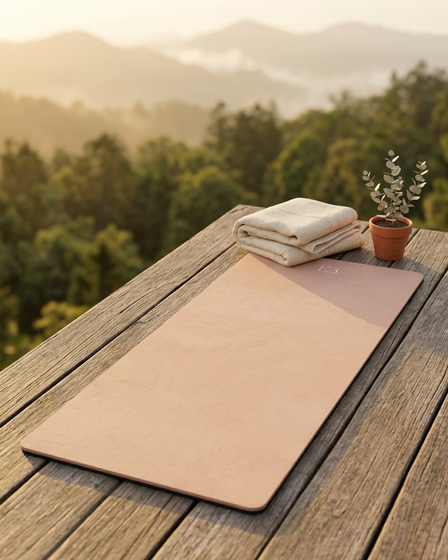 Blush yoga mat laid flat outdoors with small logo near bottom