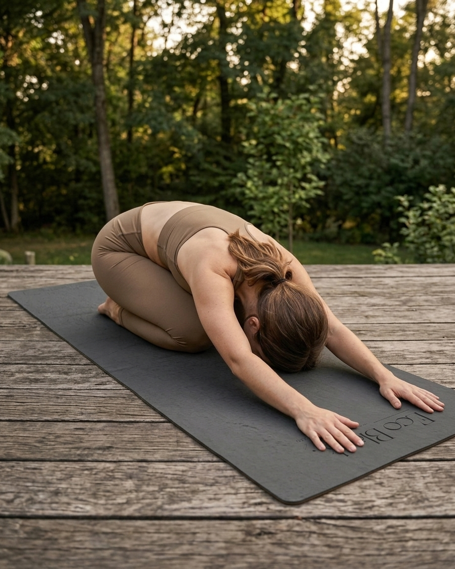 Dark gray yoga mat on wooden deck, partial logo visible
