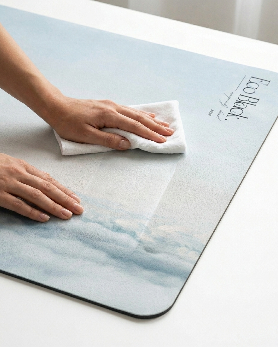 Light blue cloud-pattern yoga mat being wiped clean with a cloth