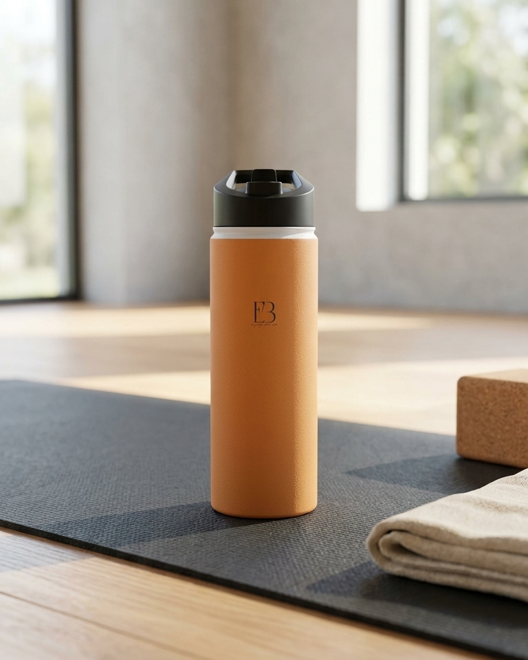 Amber insulated stainless steel water bottle with black lid and B3 logo on table