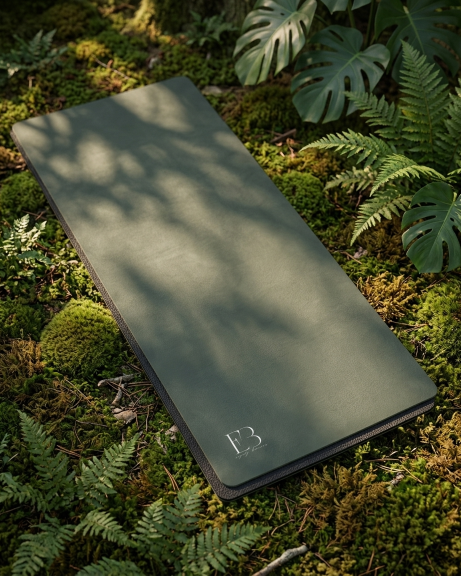 Cypress green yoga mat with B3 logo, close-up of textured surface