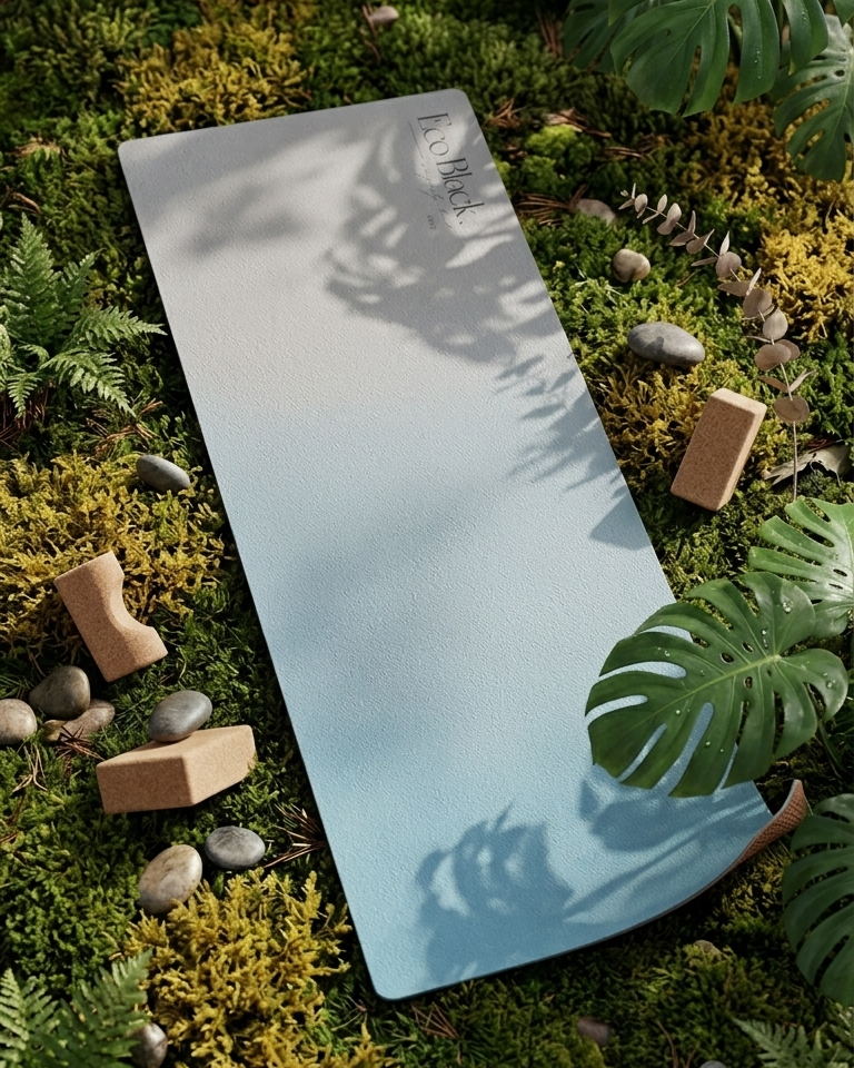 Light blue yoga mat lying flat with natural cork blocks nearby