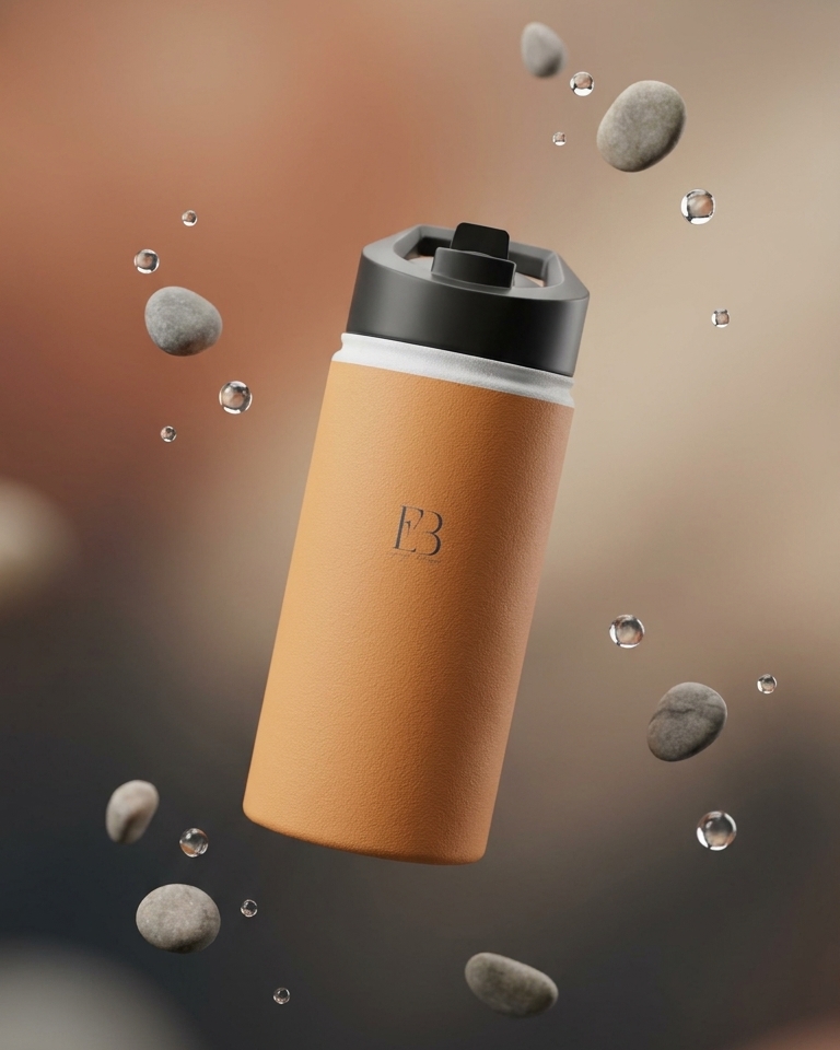 Amber insulated stainless steel water bottle with black lid and B3 logo, splash effect