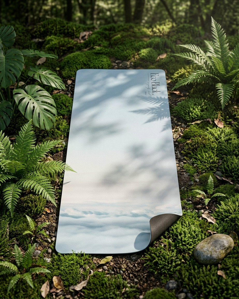 Light blue cloud-pattern yoga mat with black rolled edge visible