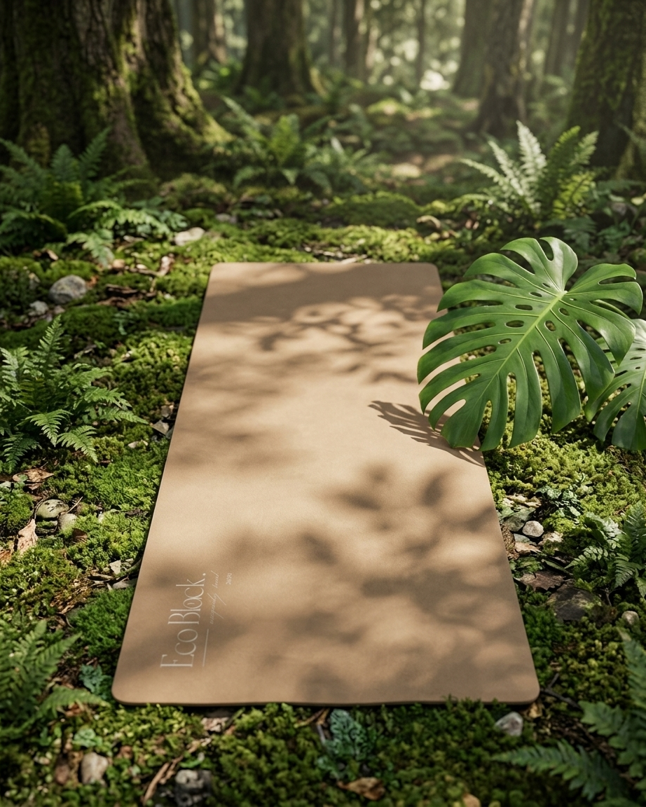 Yoga mat on a forest floor with greenery Eco Black Golden Sandstone Premium Rubber Yoga Mat Product mockup