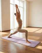 Lavender yoga mat under a standing lunge pose