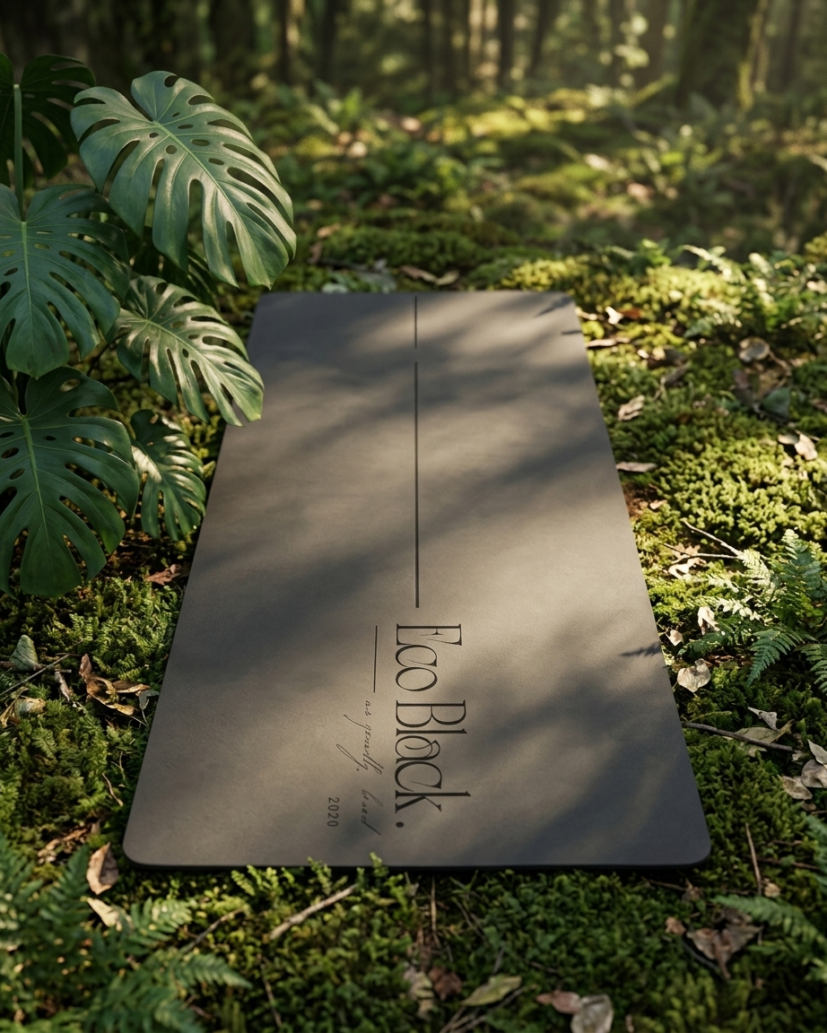 Dark gray yoga mat outdoors with printed logo on top