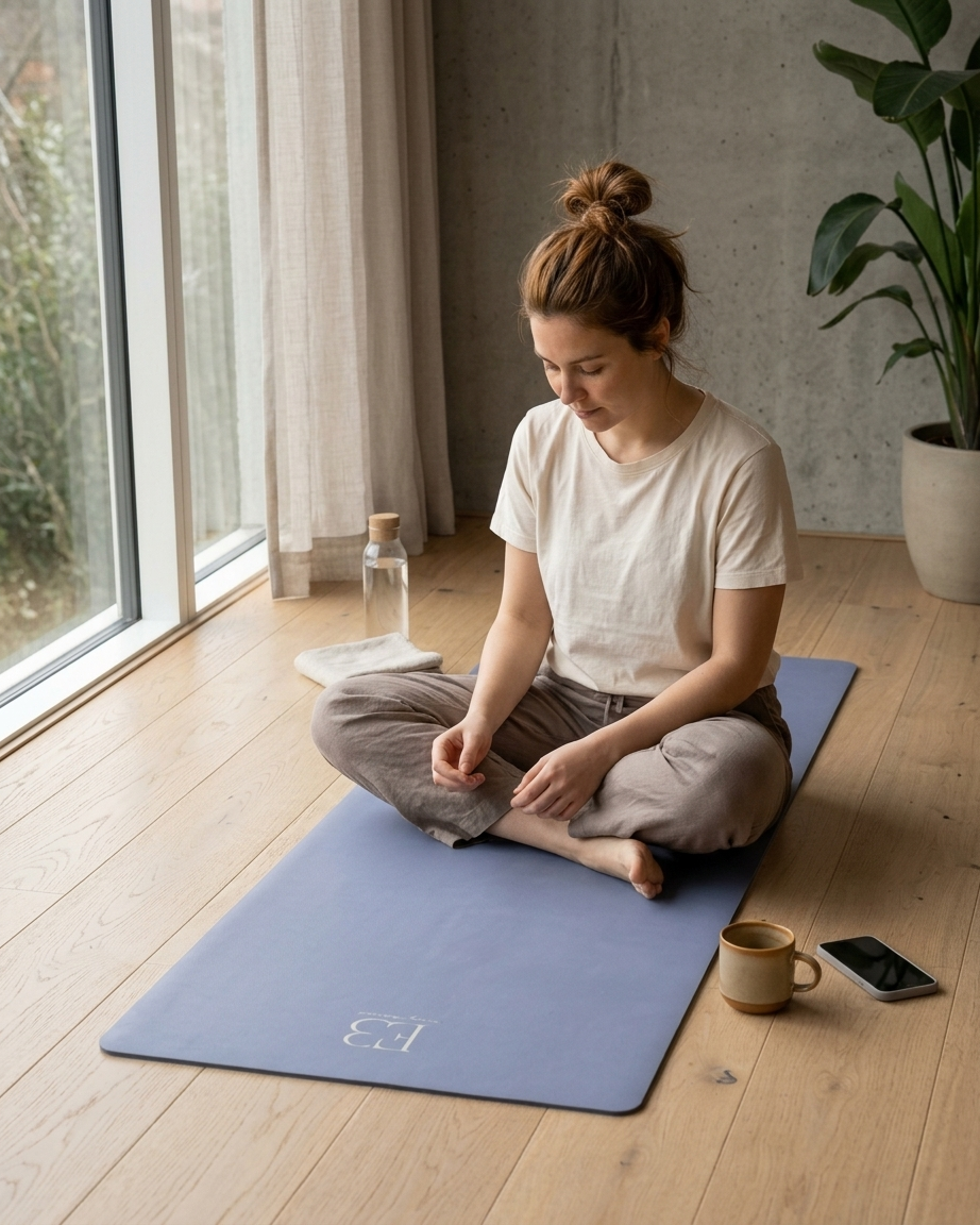 Pale iris yoga mat on floor with subtle grip pattern and rounded corners.