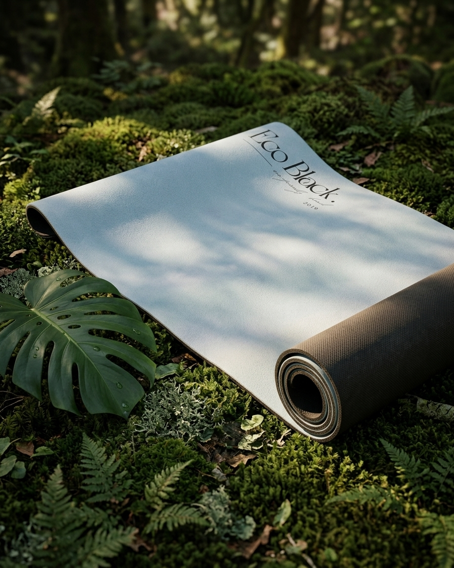 Rolled natural rubber yoga mat in light blue cloud design with black base