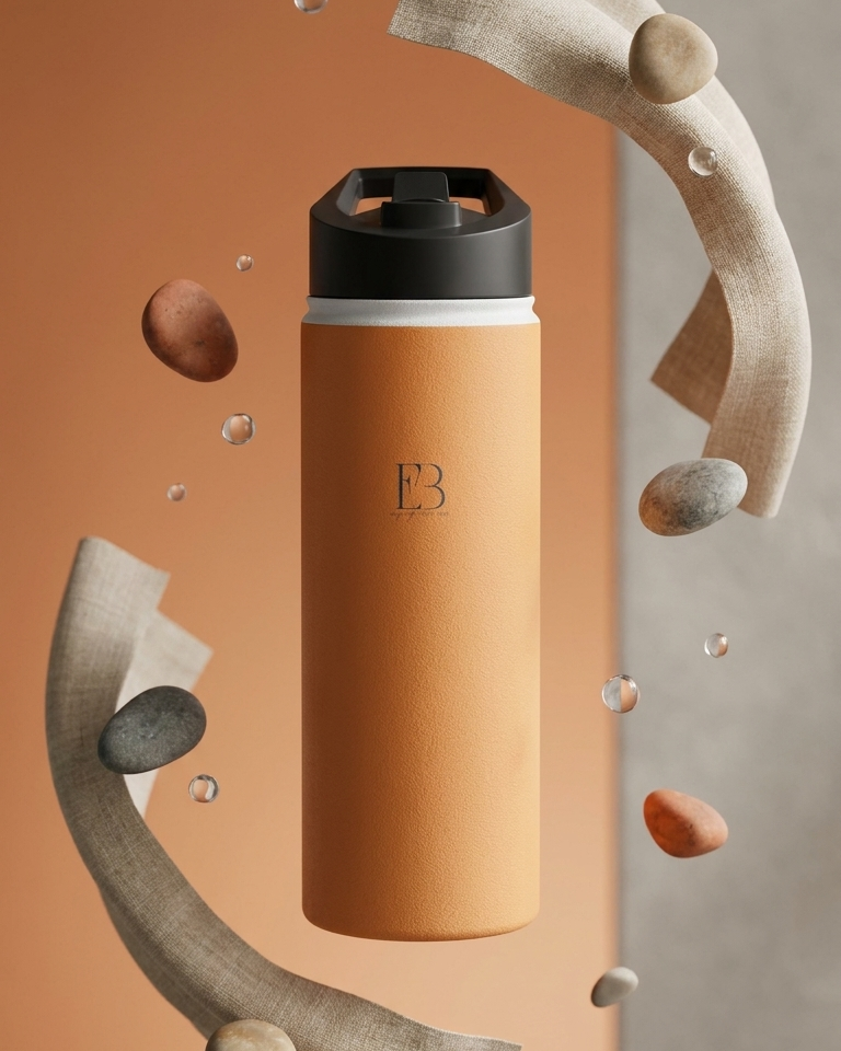 Amber insulated stainless steel water bottle with black lid and B3 logo, splashes around