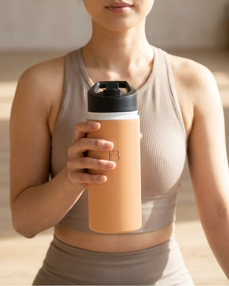 Insulated stainless steel water bottle, amber body with black flip-top lid