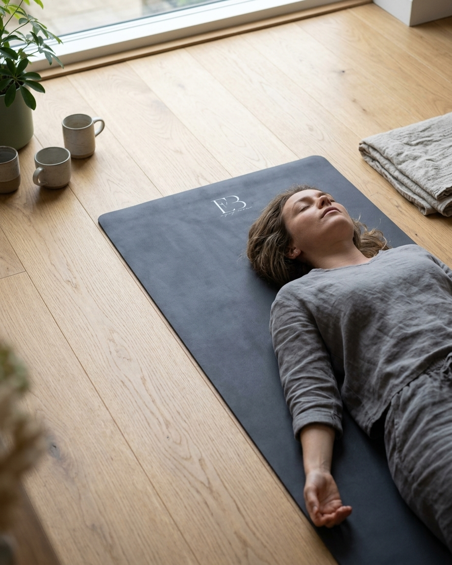 Person lying on a yoga mat in a room with wooden floor and plants. Twilight Slate Natural Rubber Yoga Mat | Non-Toxic & Eco-Friendly | Eco Black