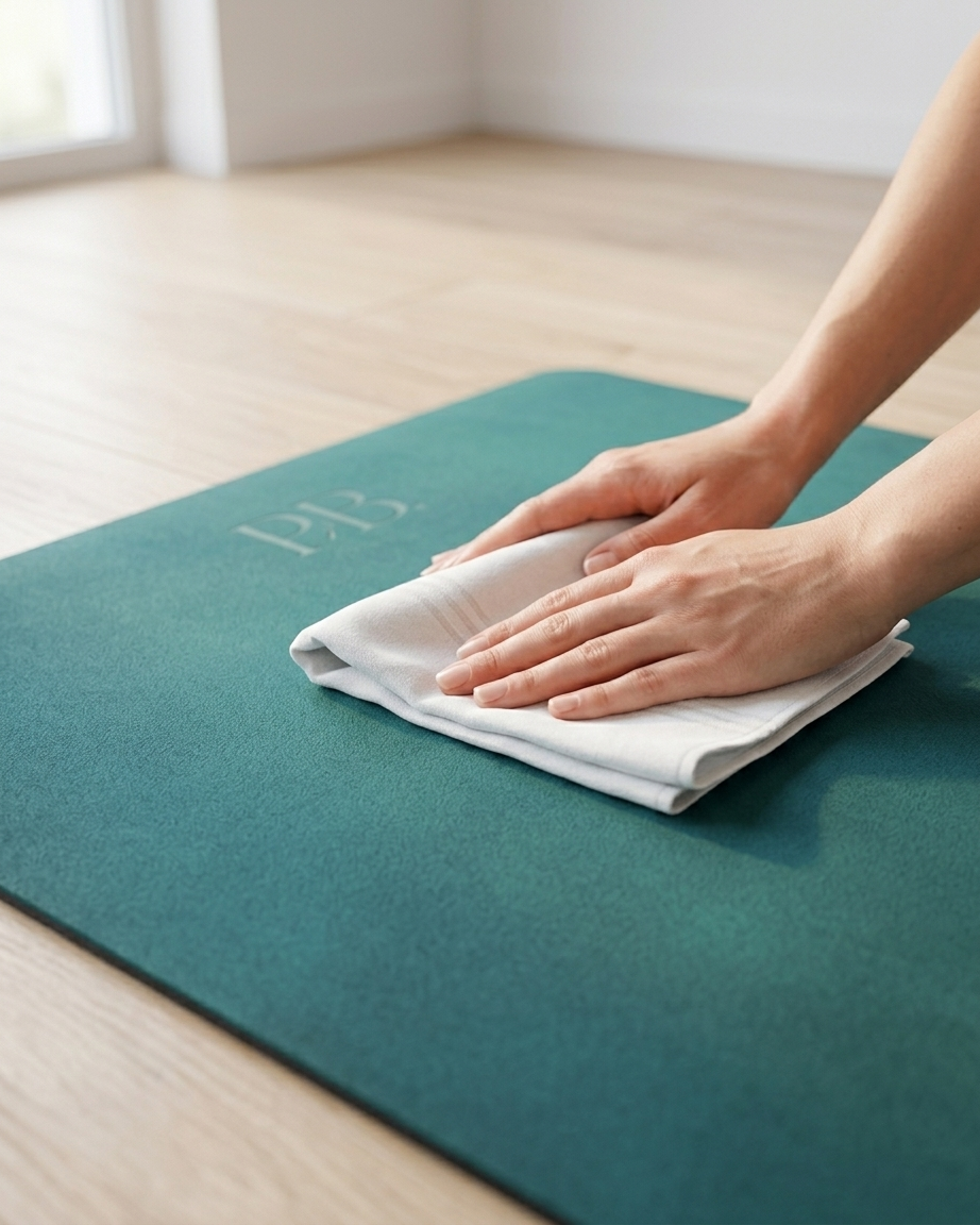 Deep teal yoga mat with B3 logo, hands wiping with white cleaning cloth