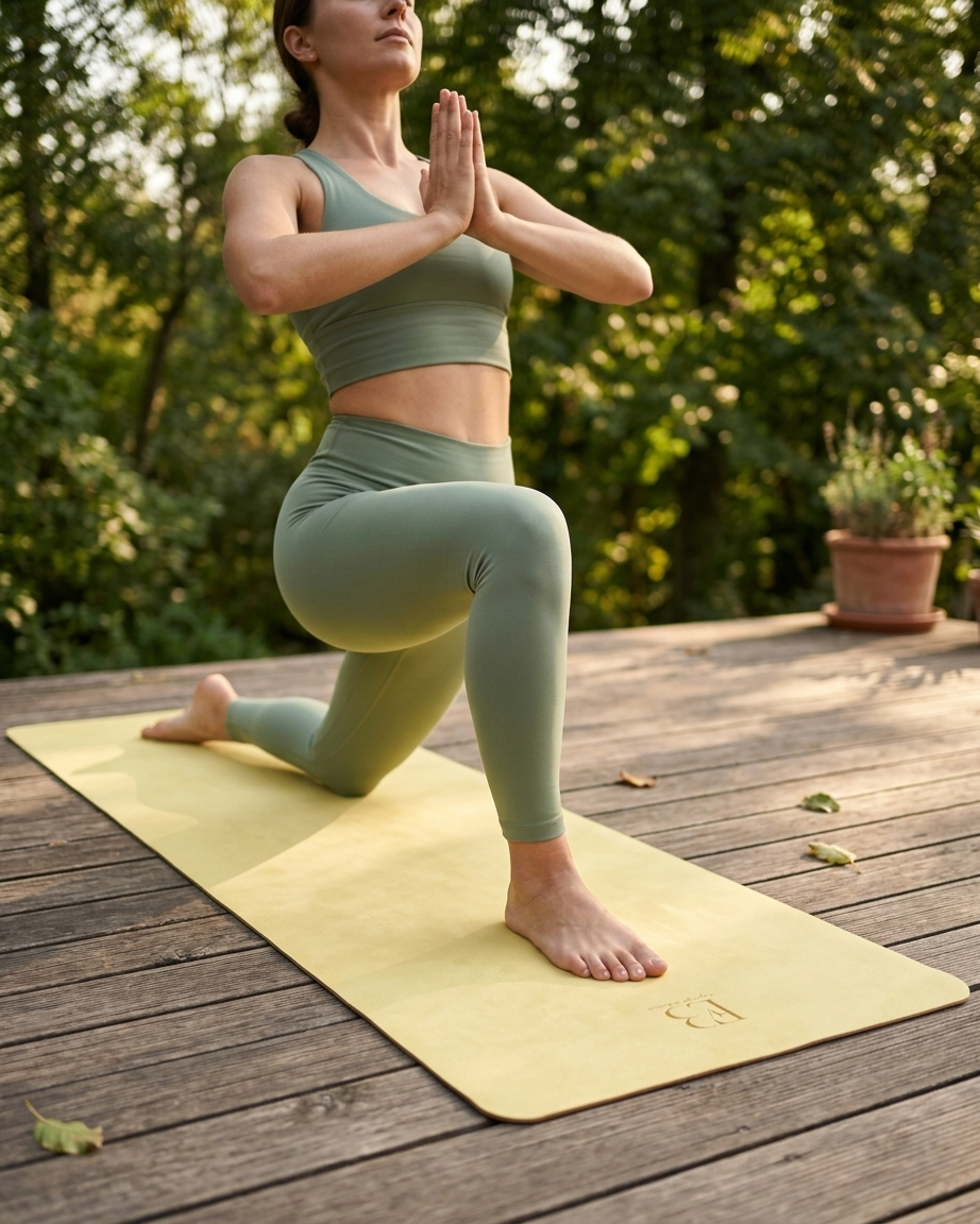 Yellow yoga mat with embossed logo, woman kneeling in prayer pose.