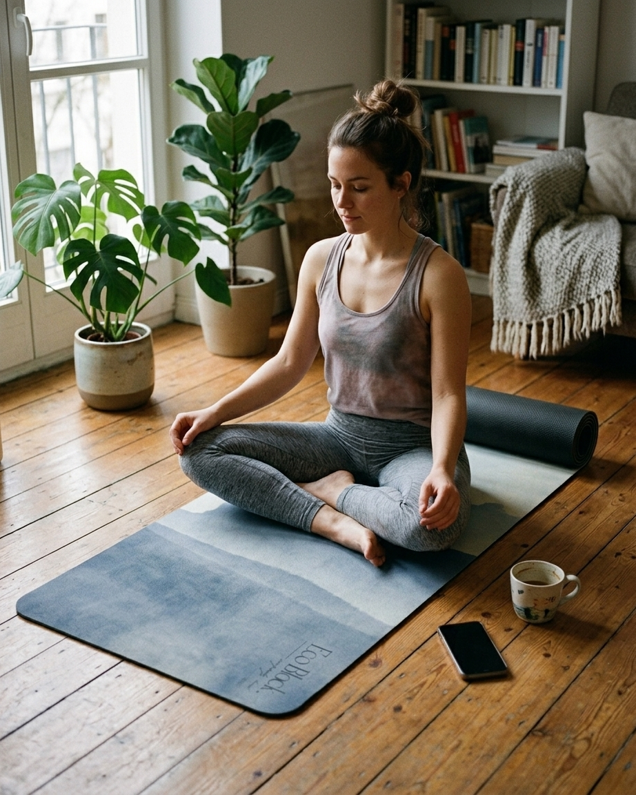 Yoga mat on floor, blue-gray surface for seated stretching
