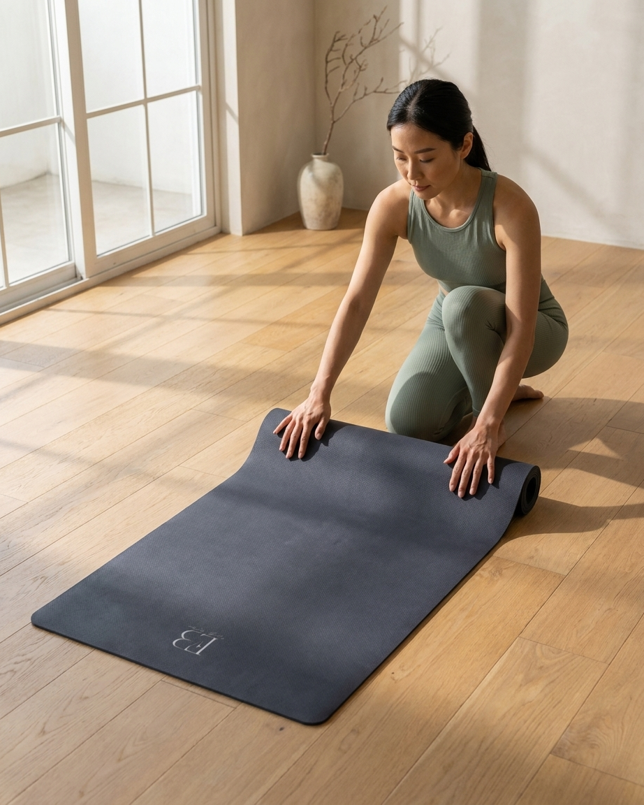 Slate blue yoga mat laid flat during kneeling stretch practice