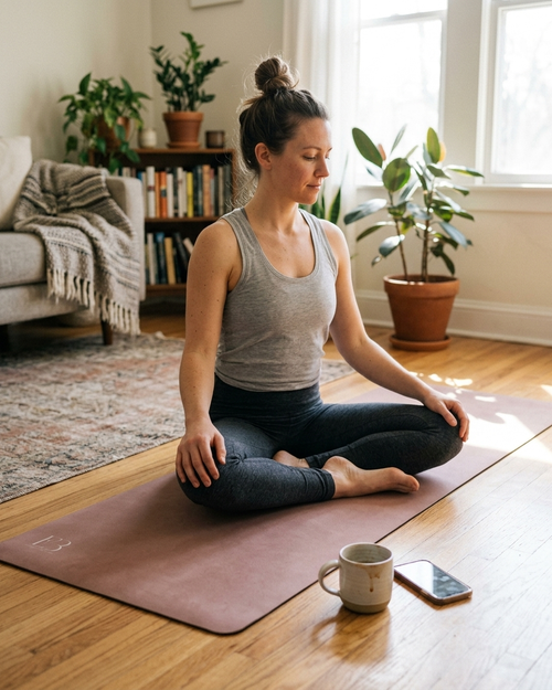 Mauve performance yoga mat on floor during seated yoga pose, side view.