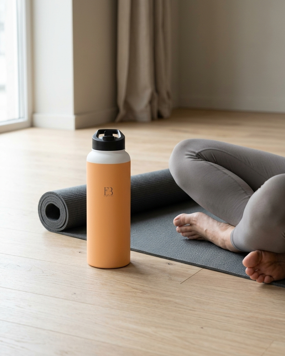 Insulated stainless steel water bottle with black lid, amber bottle standing
