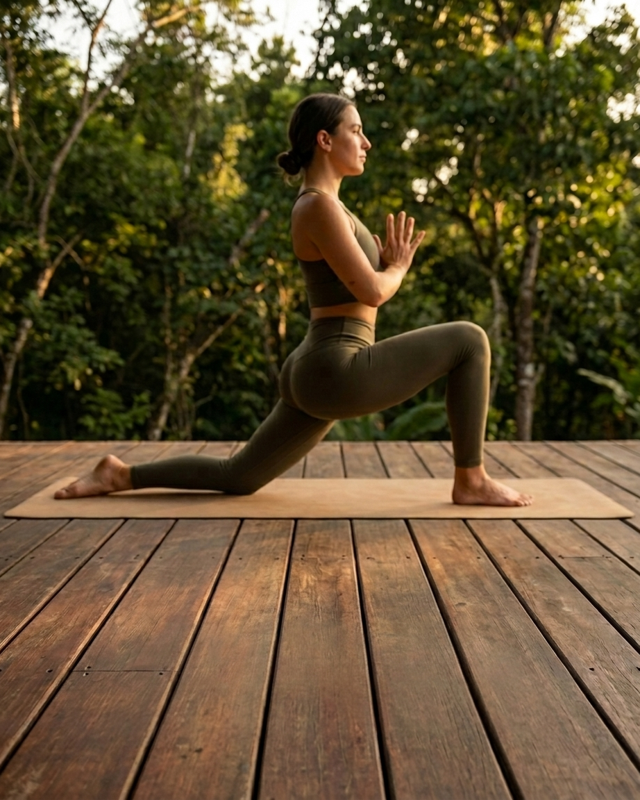 Tan natural rubber yoga mat used for a lunge pose.