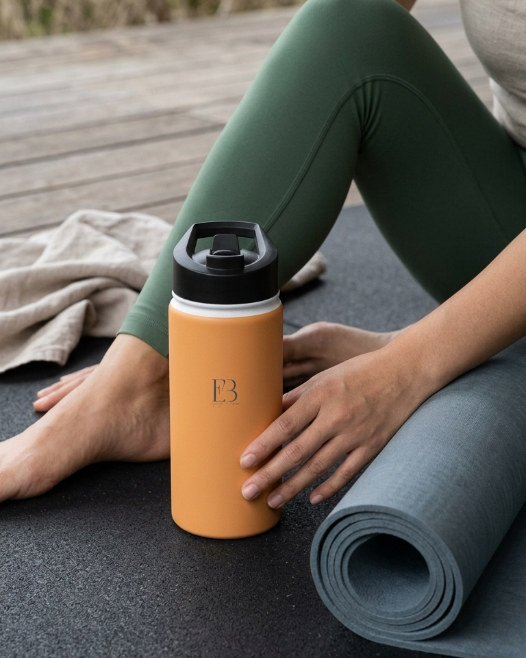Insulated stainless steel water bottle, amber body with black flip lid on mat