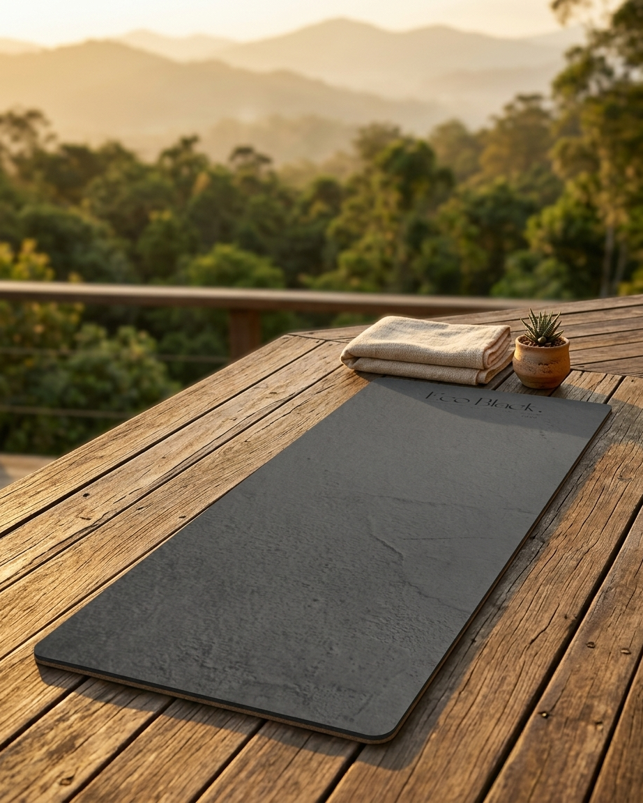 Dark gray yoga mat on outdoor wooden table, logo and texture visible