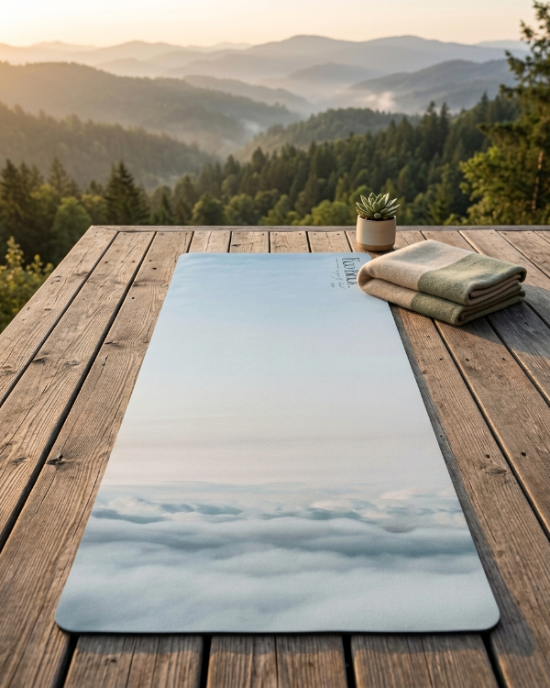 Yoga mat with nature design on a wooden deck with a scenic view of mountains and trees. Over The Cloud Natural Rubber Yoga Mat | Non-Toxic & Eco-Friendly | Eco Black