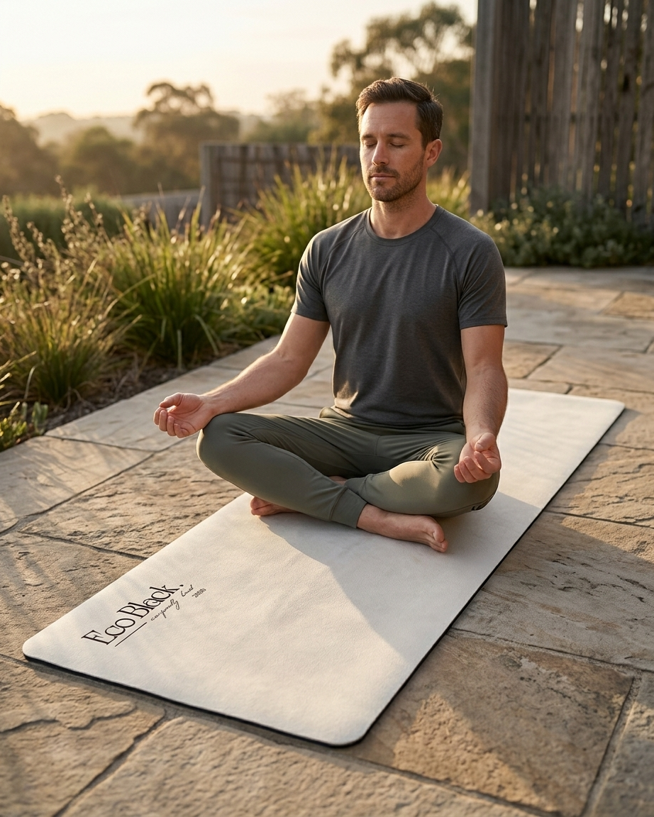 Light gray yoga mat laid flat with logo near lower left corner