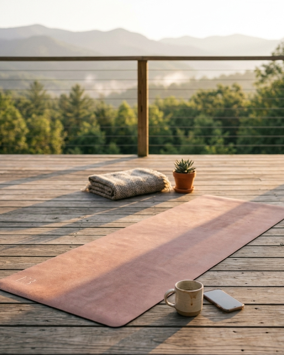 Mauve yoga mat on outdoor deck with mug and folded towel nearby.