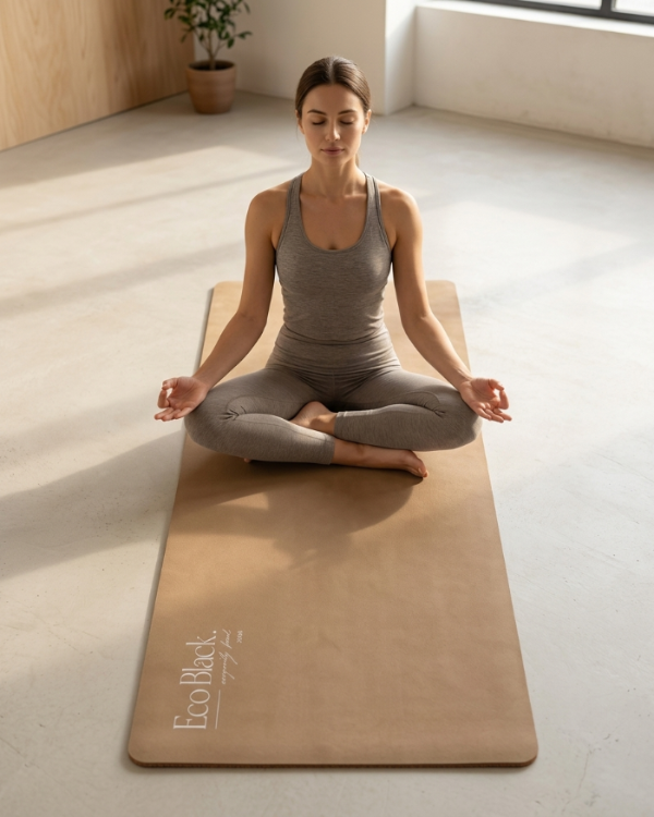 Woman practicing yoga on a wooden mat in a bright room with a plant in the background