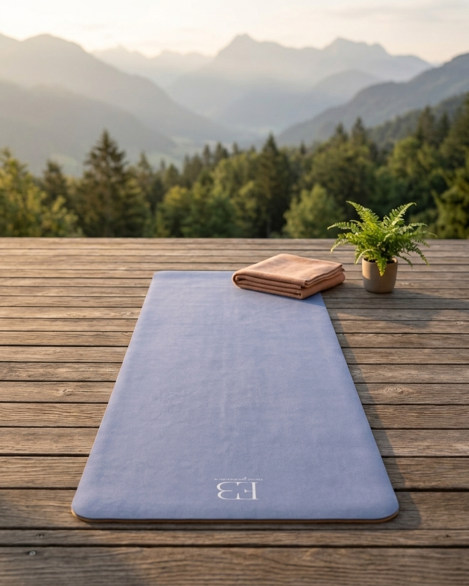 Pale iris yoga mat laid flat outdoors with embossed logo near center.