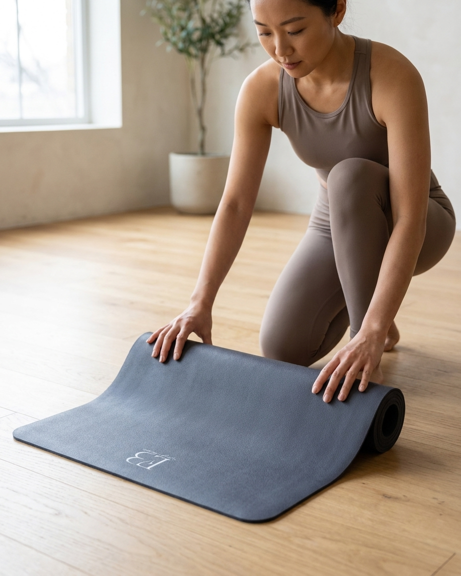 Woman rolling out a yoga mat in a bright room with a plant in the background Twilight Slate Natural Rubber Yoga Mat | Non-Toxic & Eco-Friendly | Eco Black