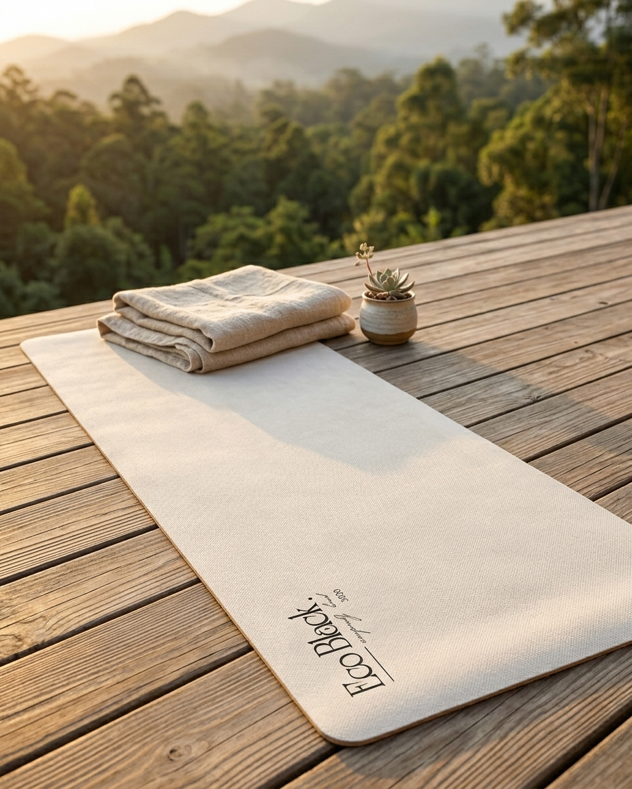 Light gray yoga mat on wooden patio, with printed logo near one end.