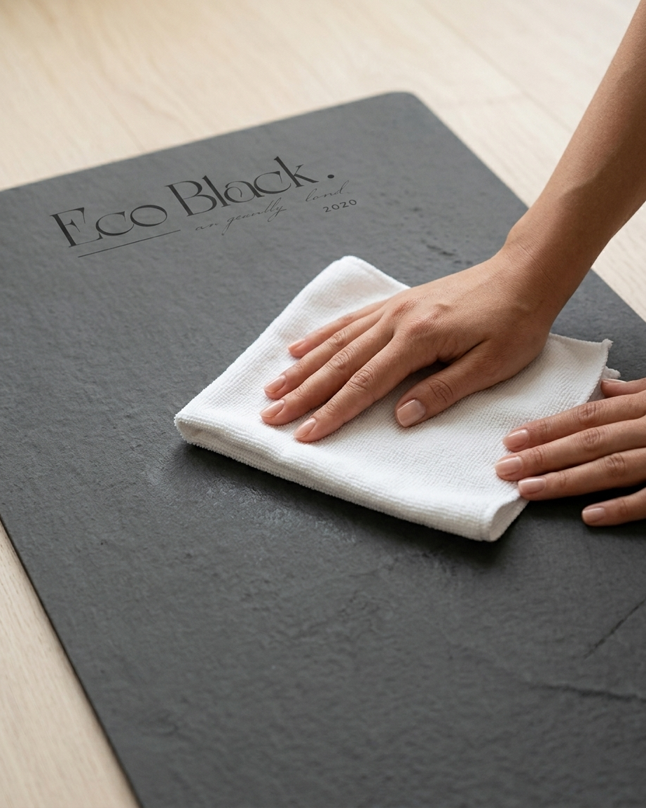 Hand wiping dark gray yoga mat with white cloth, EcoBlack logo visible
