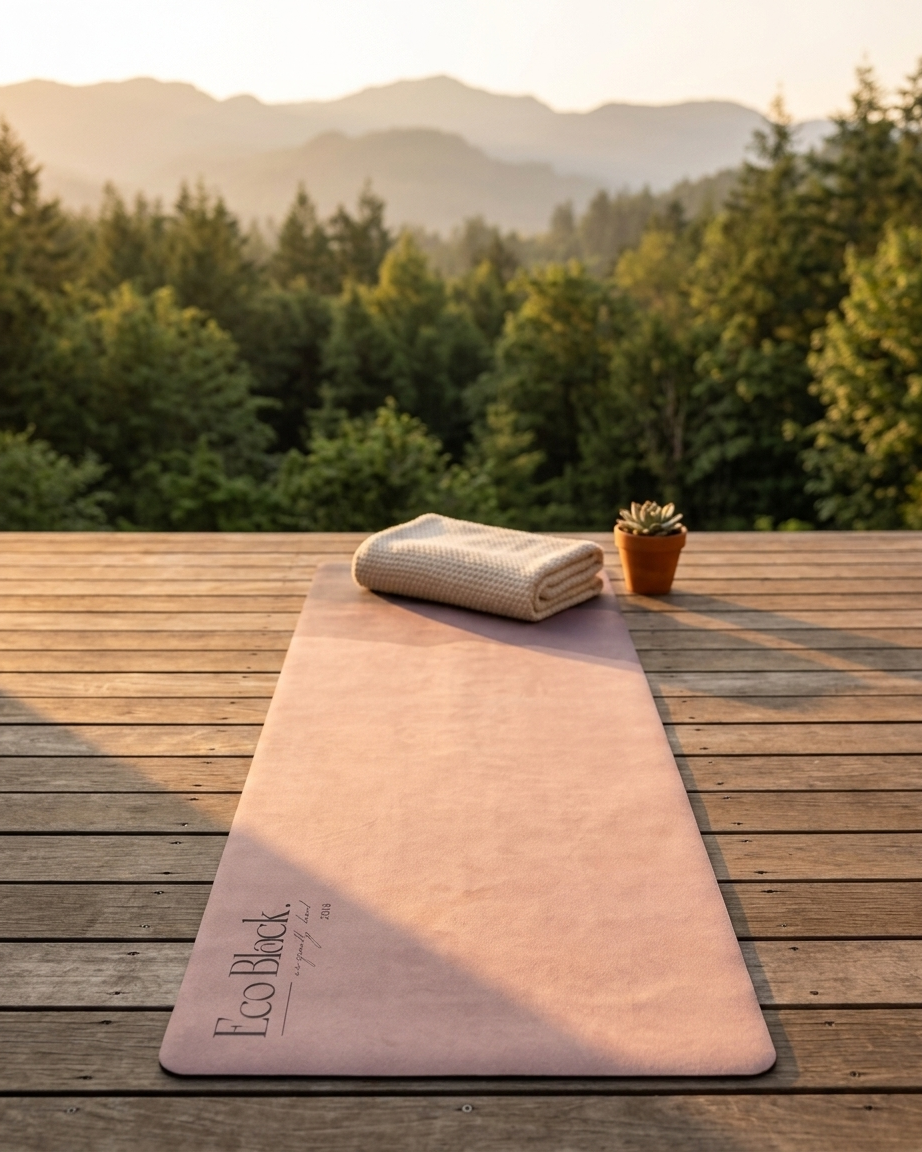 Natural rubber yoga mat in violet-pink with horizon design on wooden surface