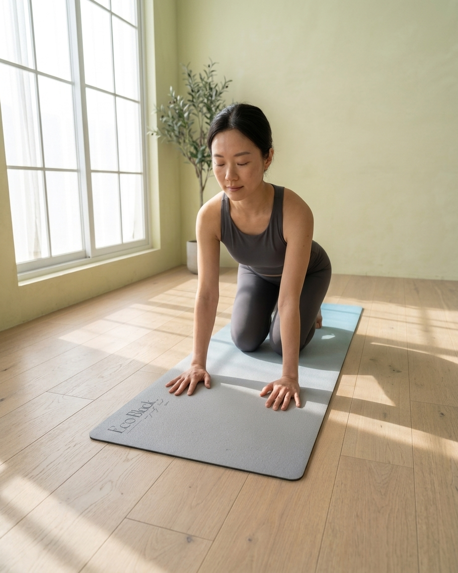 Gray yoga mat on wood floor during kneeling yoga pose