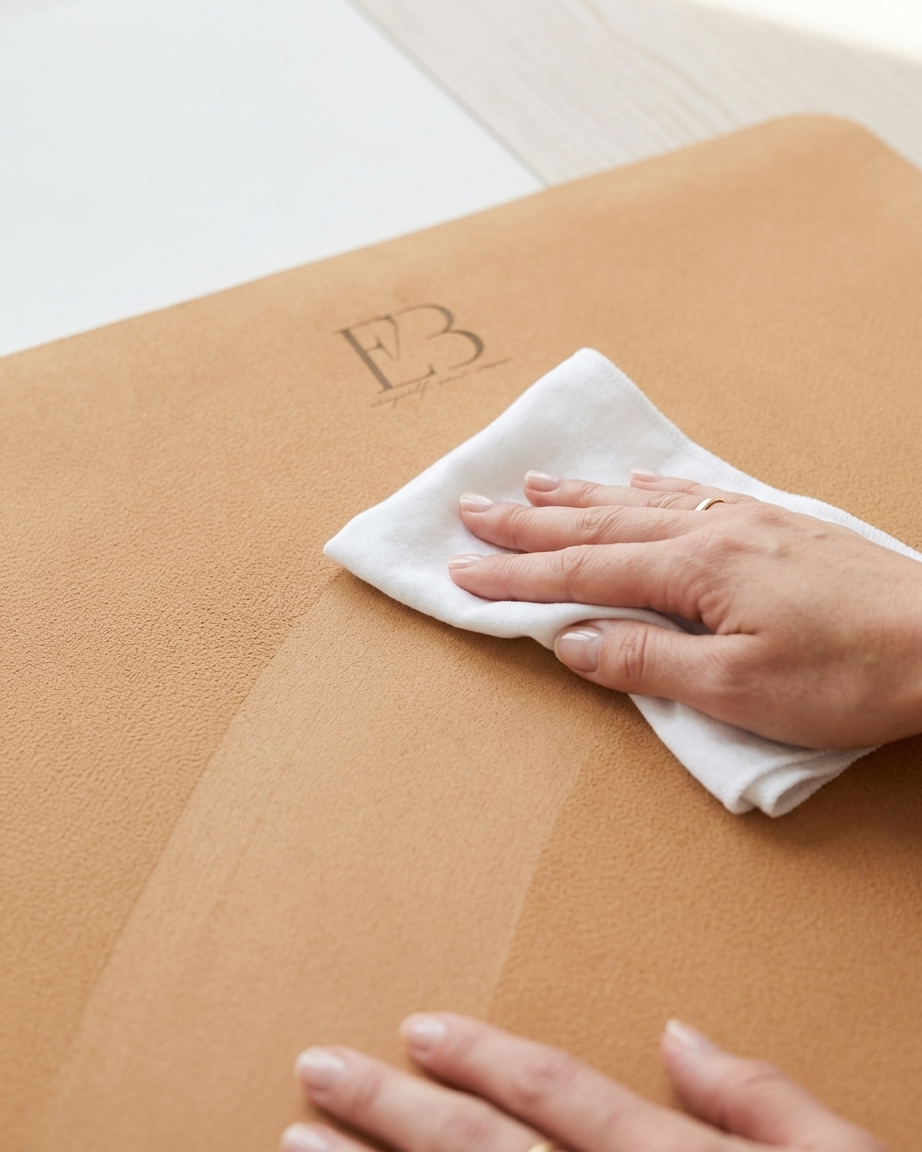 Natural rubber yoga mat in gold, wiped with a white cleaning cloth