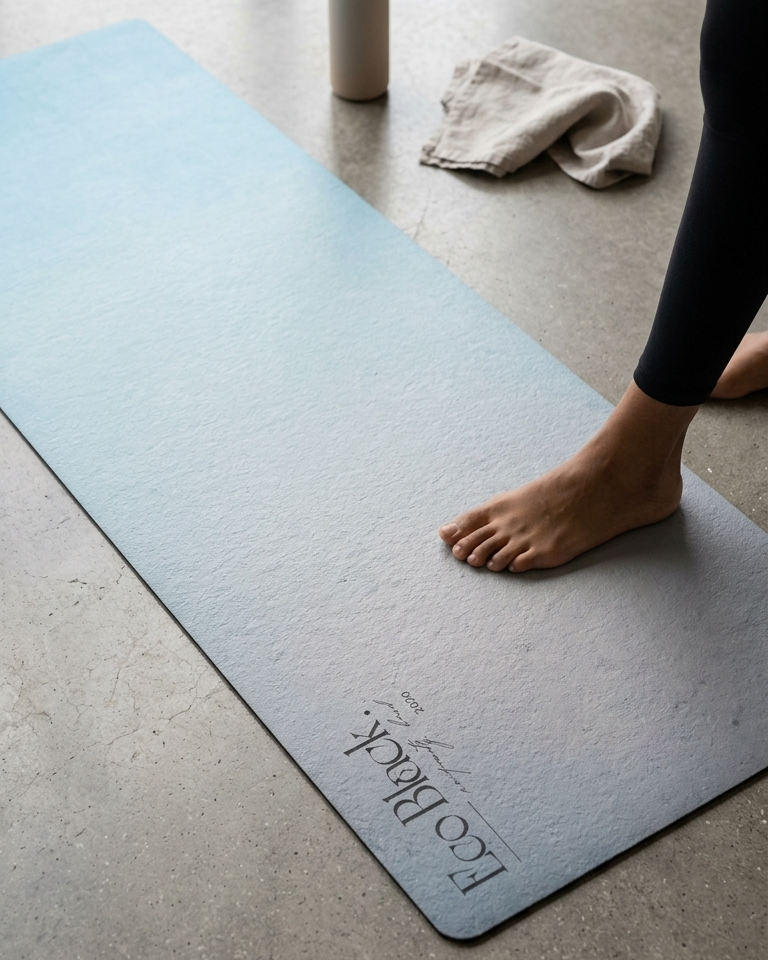 Light blue natural rubber yoga mat on floor with feet positioned to step