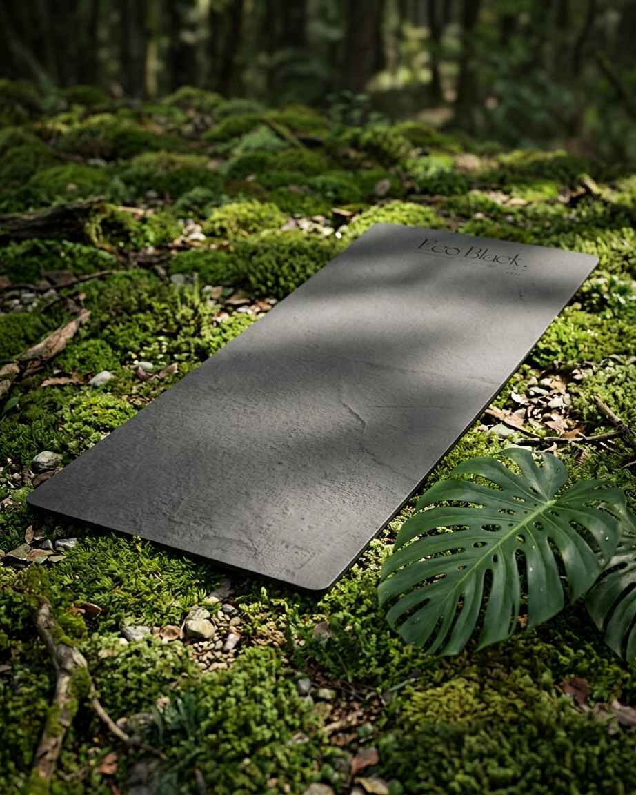 Dark gray EcoBlack yoga mat on mossy forest ground, logo near top edge