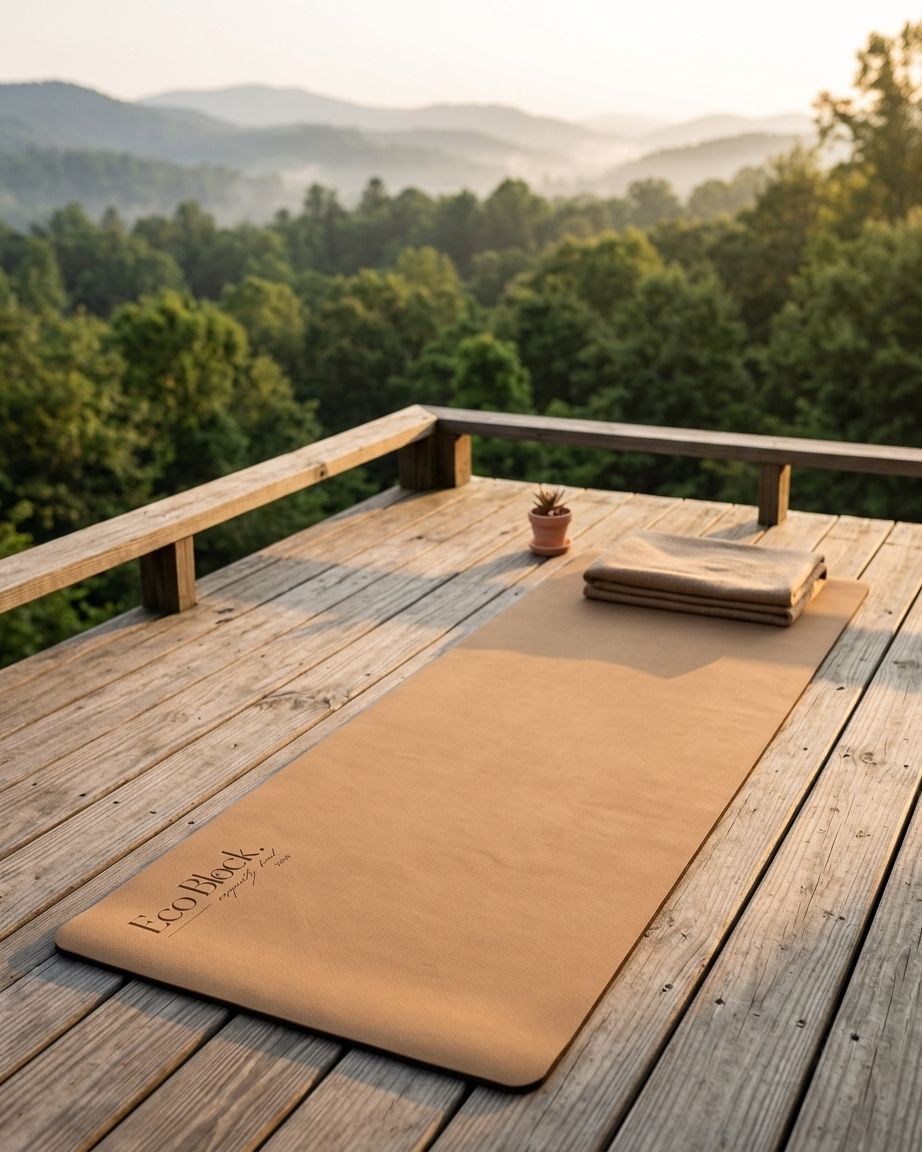Yoga mat on a wooden deck with a scenic view of trees and mountains. Eco Black Golden Sandstone Premium Rubber Yoga Mat Product mockup