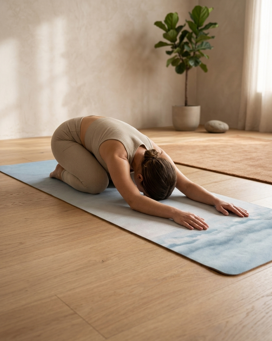 Light blue yoga mat with cloud print under a stretching yoga pose