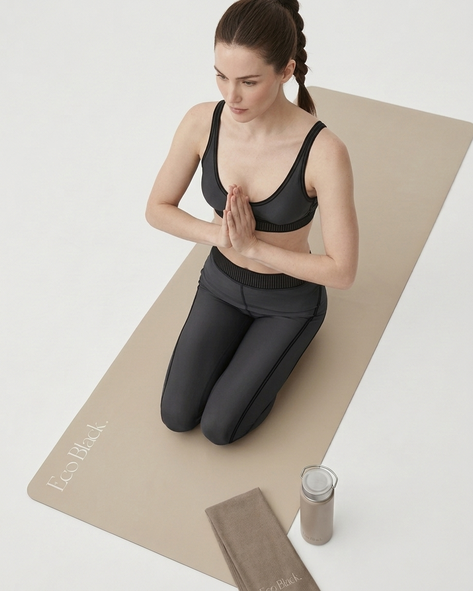 A woman kneels on a beige yoga mat in a studio setting, wearing a black sports bra and black leggings. A folded towel and a small bottle are placed beside the mat.