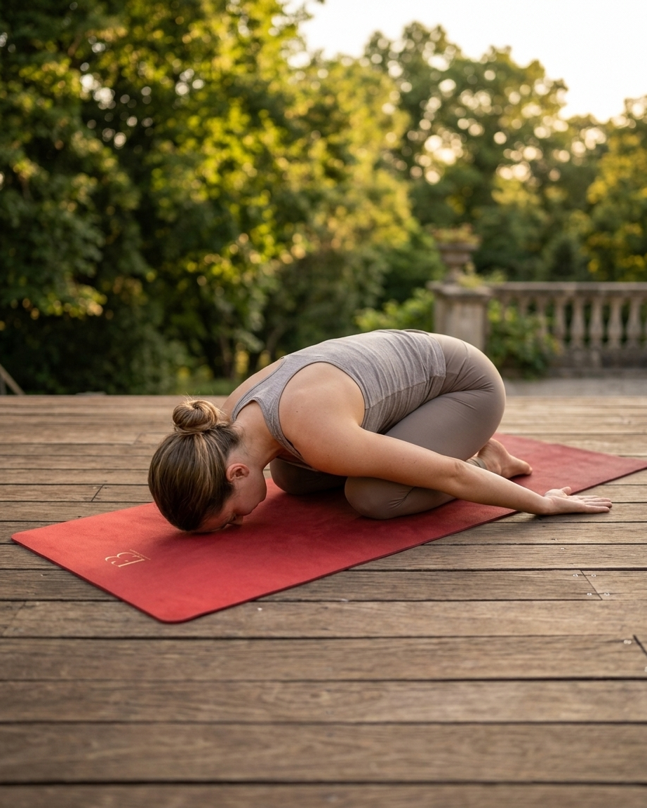 Red yoga mat with textured grip surface for yoga poses