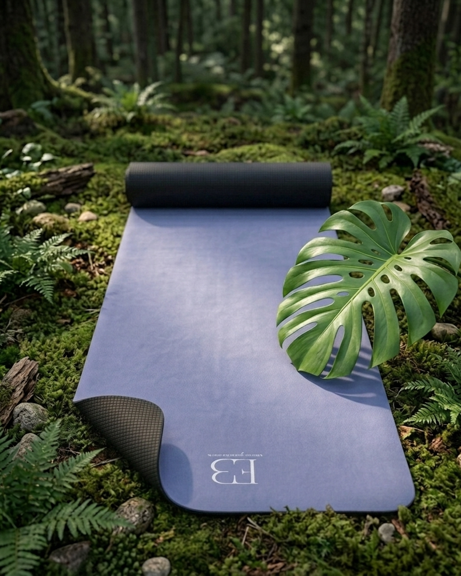 Pale iris natural rubber yoga mat with black back edge and embossed logo