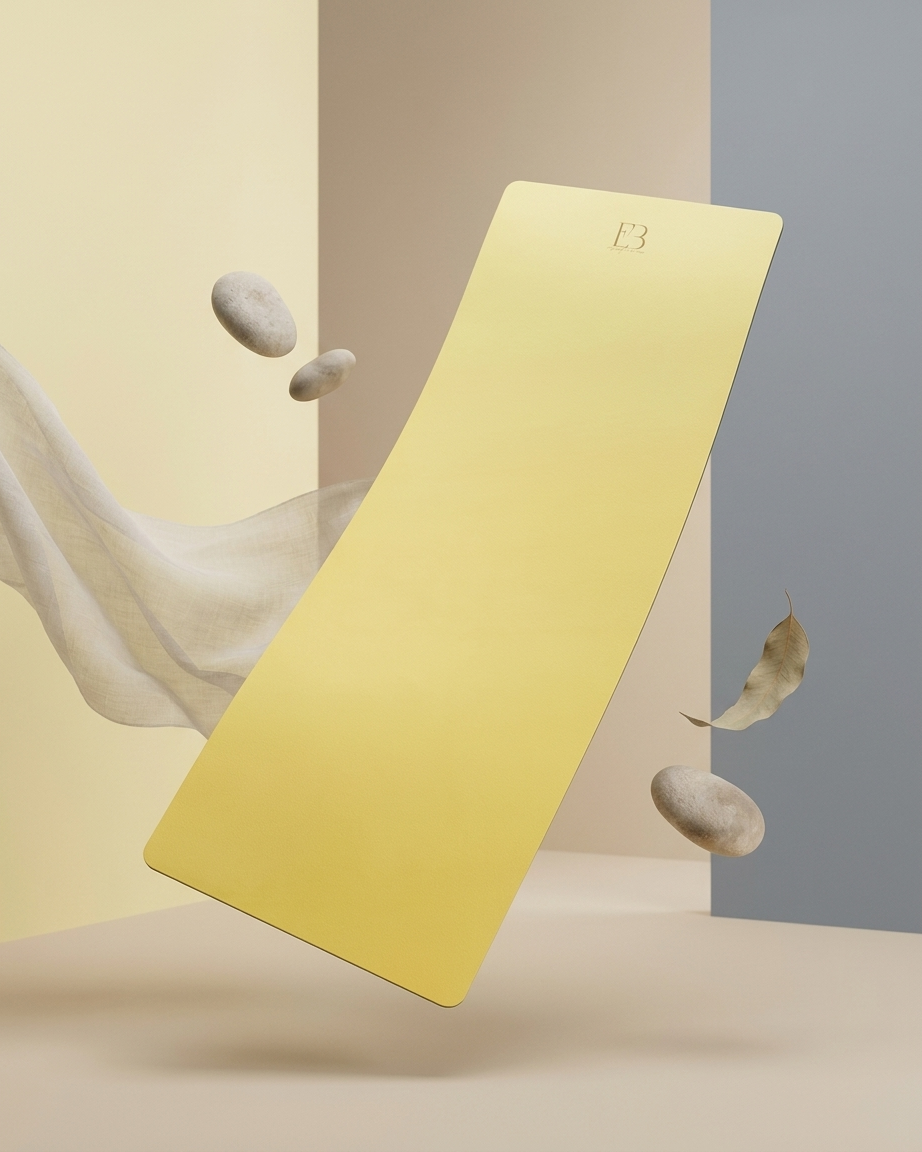 Lemon-yellow yoga mat with embossed logo on angled surface