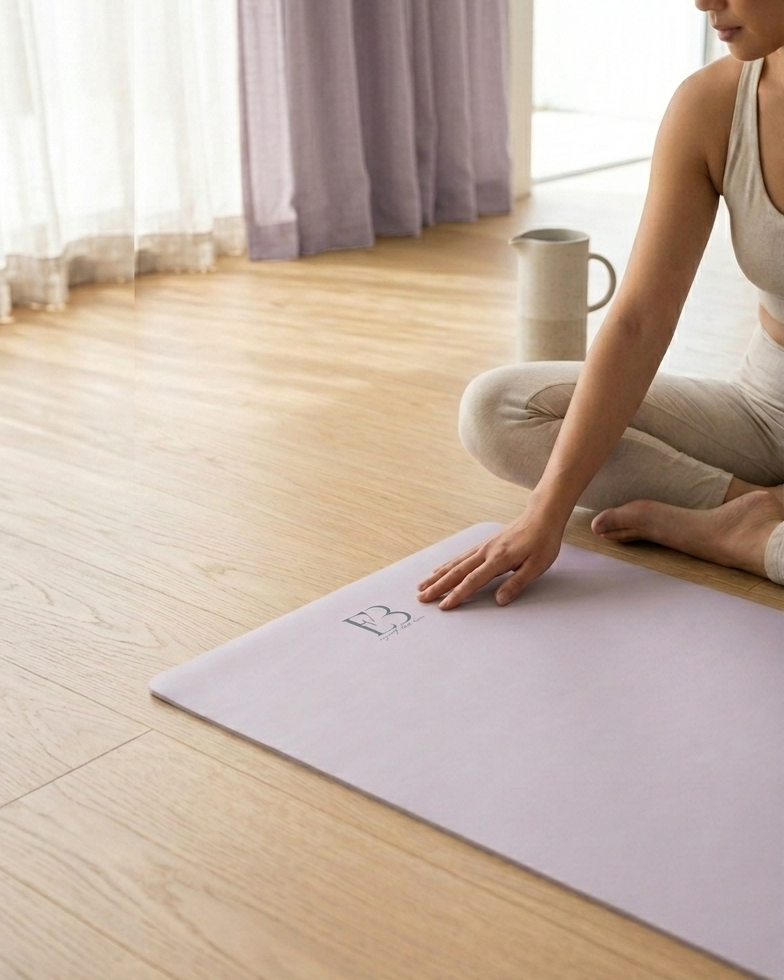 Lavender yoga mat with hands placed on top during a kneeling stretch