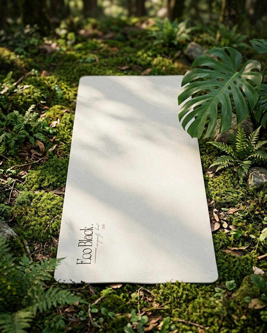 Light gray yoga mat lying on green moss, with printed logo near one corner.