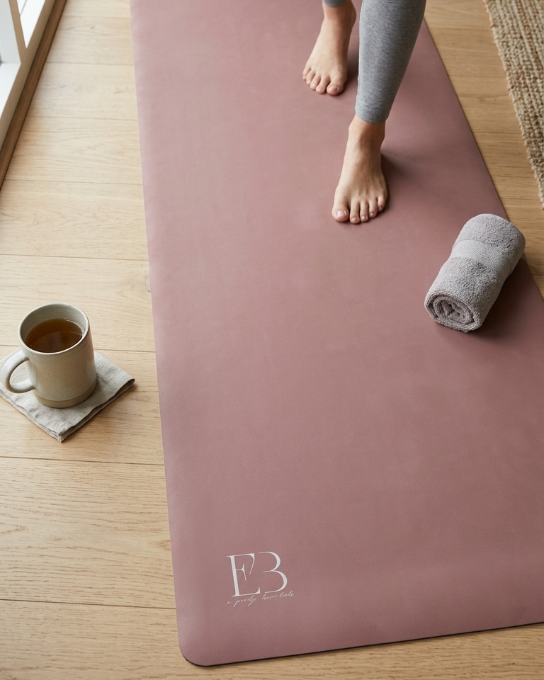 Clay pink performance yoga mat with bare feet and a gray folded towel