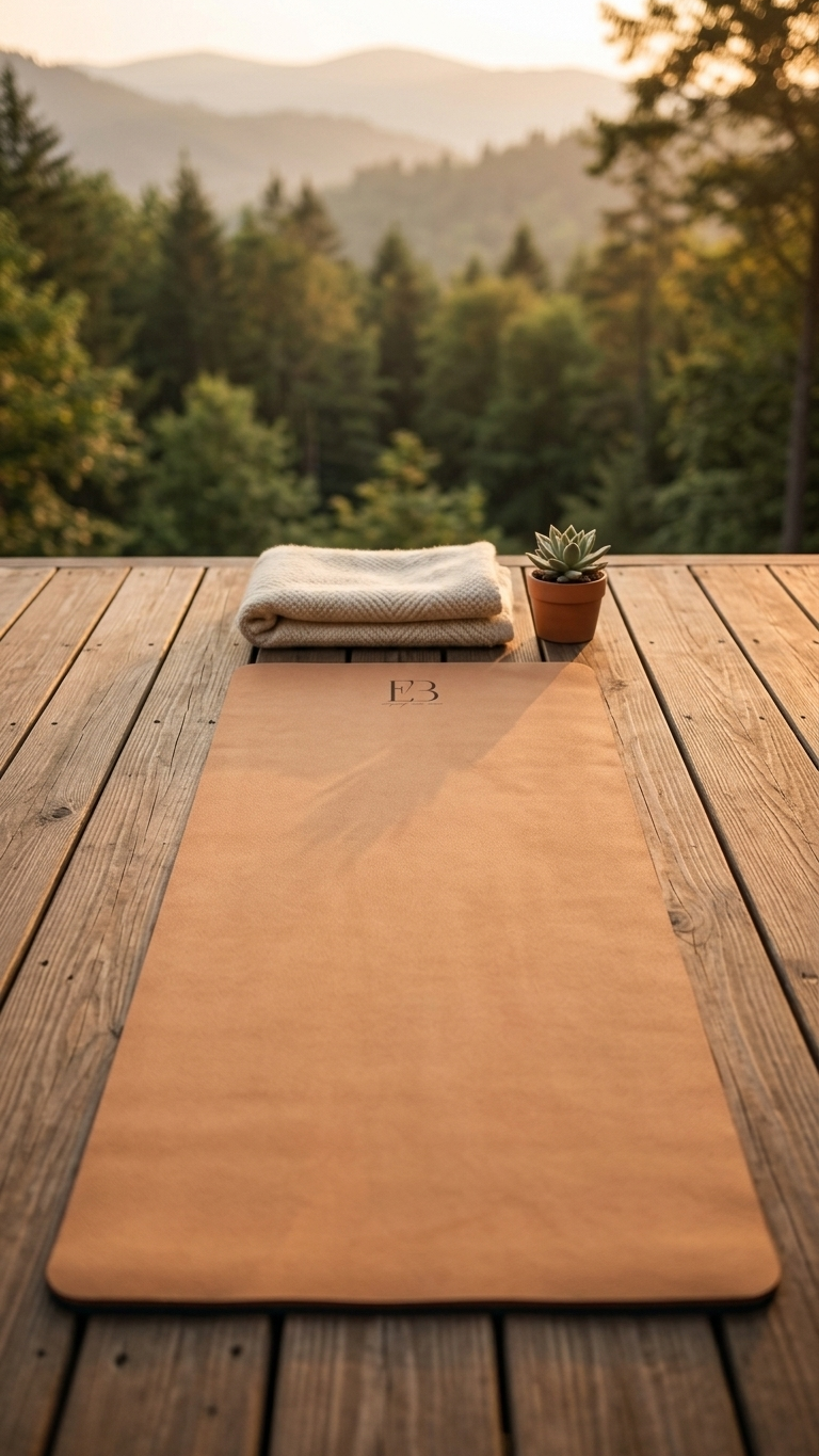 Gold natural rubber yoga mat with folded towel and FB logo, laid on wood deck