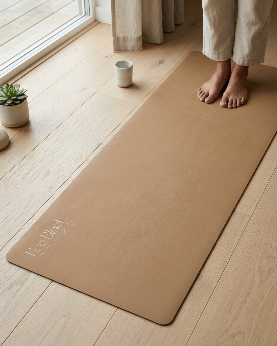 Taupe natural rubber yoga mat laid flat with grip texture